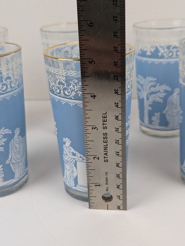 Vintage Jeanette Wedgwood Blue And White Hellenic Glasses Set of 8 Height 5" - Picture 7 of 7