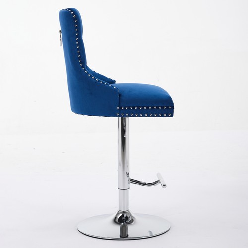 Modern Blue Barstools Set of 2 Adjustable Velvet Tufted Button Kitchen Pub Bar - Picture 5 of 23
