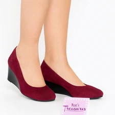 Vionic ANTONIA Burgundy Suede Leather Arch Support Slip On Wedge Shoes Sz 6.5 W