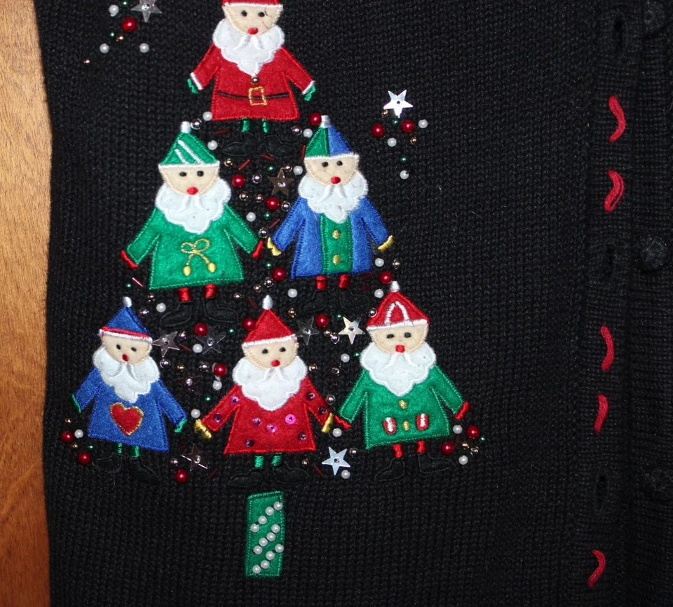 Bobbie Brooks Mujer XL (16-18) Feo Navidad Suéter Chaleco Negro Santa Tree Foto 2 de 4