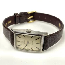 v409 Vintage Omega DeVille Swiss Automatic 14K White Gold 24 Jewels Brown Band