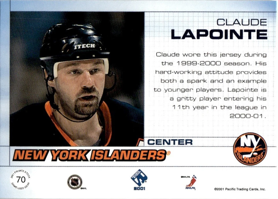 2000-01 Pacific Private Stock Claude Lapointe Jersey New York Islanders #70 - Image 2 of 2