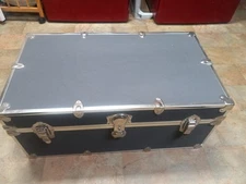 Vintage Traveling Blackish Gray Steamer Trunk with Wooden Interior & Wheels