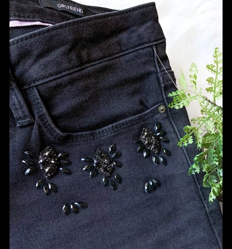 Nanette Lepore Mid Rise Girlfriend Jeans Women Black Stretch Denim Rhinestones 6 - Picture 4 of 6