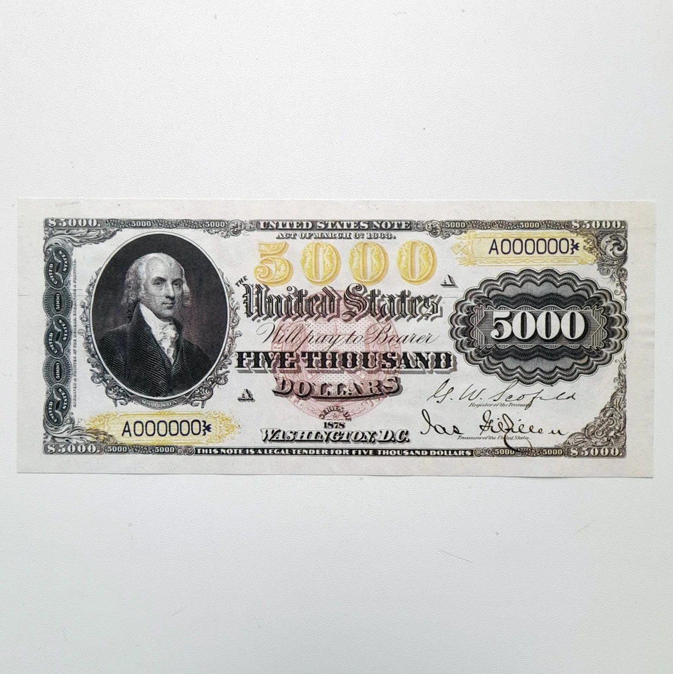 5000 Dollars 1878 US Legal Tender Reproduction United States Banknote P# 174 - Image 3 of 4
