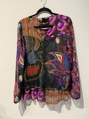 DESIGUAL BUTTON UP BLOUSE W RUFFLED HEM BOHO WHIMSY GOTH FAIRY CORE SZ XL (Flaw)