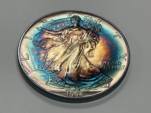 1994 American Silver Eagle 1oz MONSTER Bullseye 🎯 🌈 Toning Toned Toner Rainbow