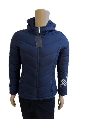 Giacca trapuntata donna Tommy Hilfiger logo con cappuccio Chevron confezionabile blu navy piccola S