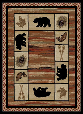 8x10 Cabin Bear Pinecone Fish Rustic Lodge Area Rug 