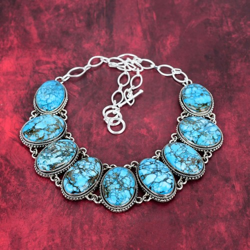 Blue Turquoise Gemstone Handmade 925 Sterling Silver Jewelry Wonderful Necklace - Picture 4 of 6