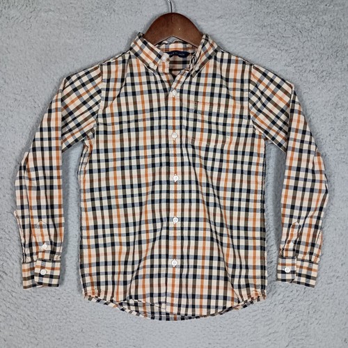 Janie and Jack Shirt Boys 7 Beige Plaid Long Sleeve Poplin Button Down Classic