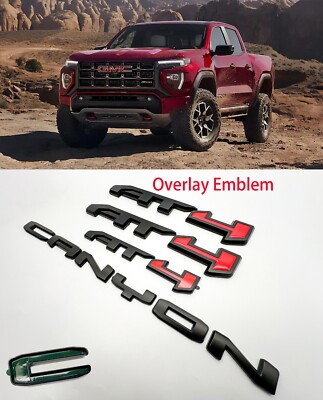 OVERLAY 4PCS Matte Black Red Door Rear AT4 Canyon Emblem Fit 2023+ GMC Canyon
