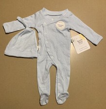Burt's Bees Micro Stripe Organic Cotton Jumpsuit Knot Hat Set Newborn Blizzard