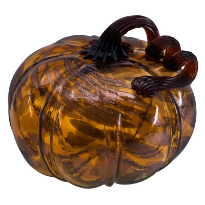 Hand Blown Glass Amber and Gold Pumpkin 6.75'' Wide Figurine With Curly Stem New