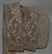Wired Ribbon Ivory Gold Sparkle Floral Swirl Lace 1.5" Wavy Holiday Wreath Bow