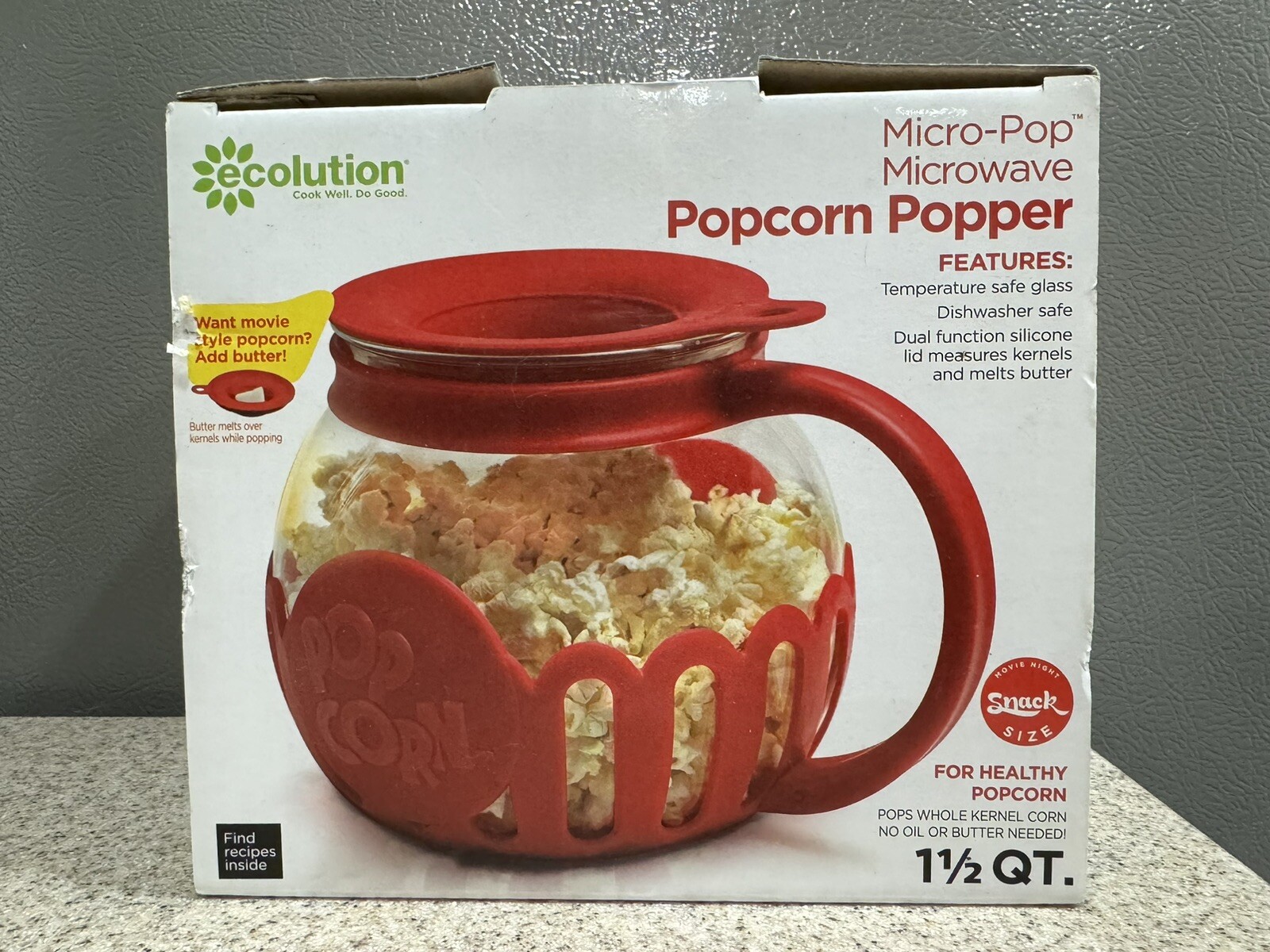 Ecolution Micro Pop 1.5 Quart Glass Silicone Microwave Popcorn Popper Red New!