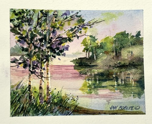 Sunset Over Water By Forest Watercolor Painting Jan Boelte 5x6” Fine Art Dusk 🌅 - 第 1/9 張圖片