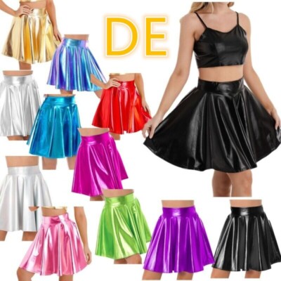 DE Damen Metallic A-Linien Plissierter Rock Party Clubwear Kostüm Dancewear