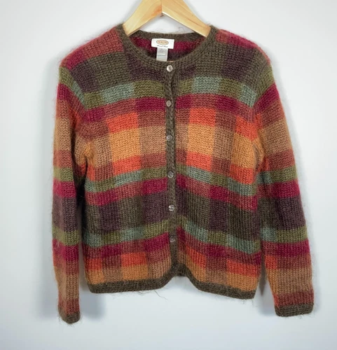 Talbots Mohair Hand Knit Cardigan Women's Medium Red Orange Shadow Plaid Sweater