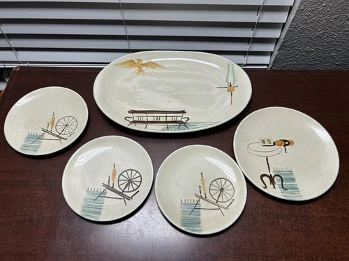 Vintage Red Wing Pottery Hearthside Pattern: (1) Oval Serving Platter & Plates
