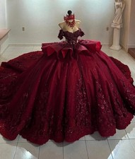 Wine Red Ball Gown Quinceanera Dress Sparkly Bead Crystals 3D Floral Appliques