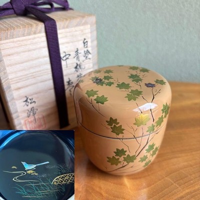 Japanese Lacquer Natsume Tea Caddy White Maple Leaves Makie Shoho Box
