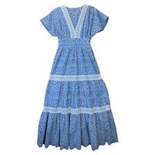 Elie Tahari Lotus Boho Cottage Eyelet Lace Tiered Maxi Dress Size 2 Blue Cotton