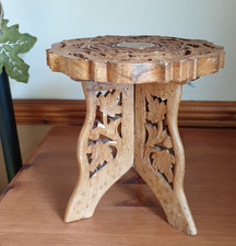 VINTAGE INDIAN SMALL WOODEN FOLD DOWN ORNATE CARVED TABLE OR PLANT STAND