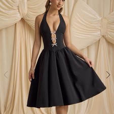 Oh Polly Angelina Halterneck Pearl Detail Black Midi Drill Dress Size 6