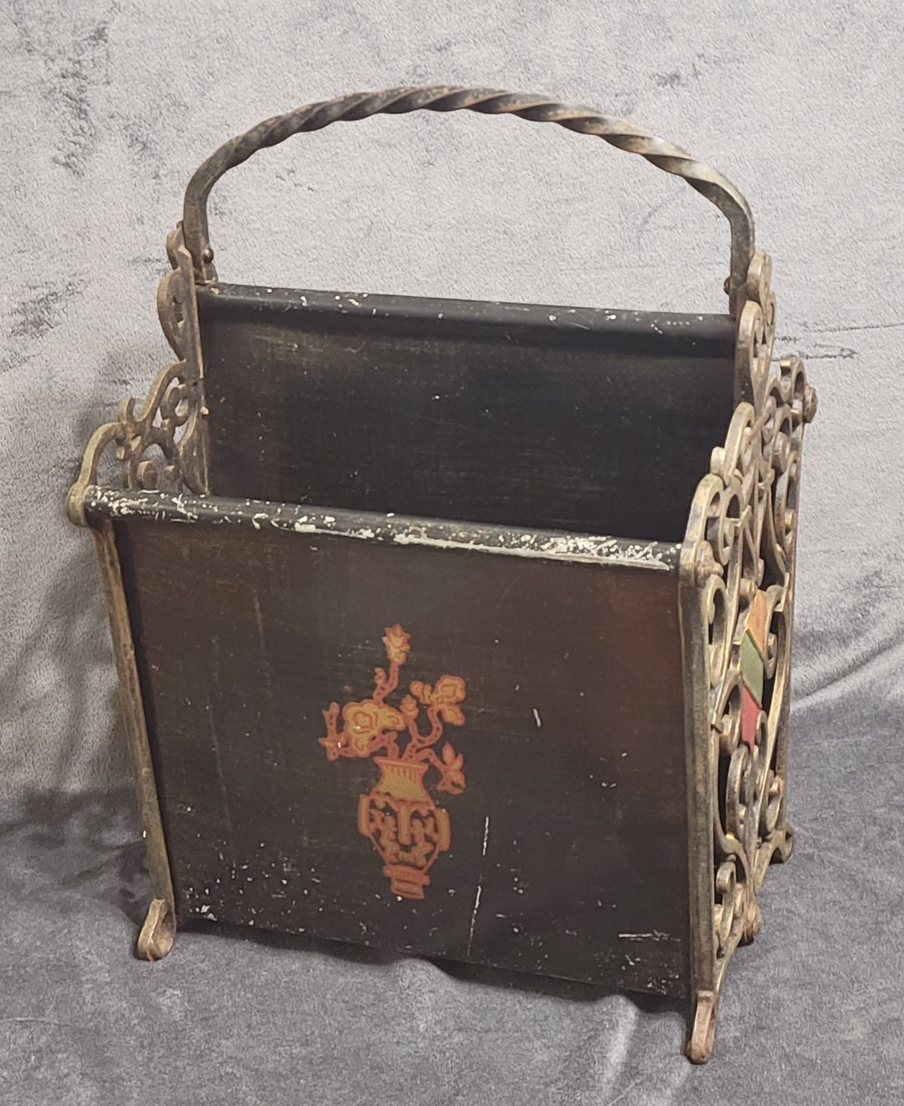 Vintage Wrought Iron Magazine Rack Holder, Art Deco Spanish Revival