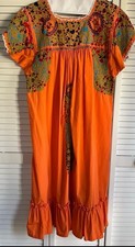 Oaxacan Multicolored Hand-Embroidered Peach Cotton Ruffled Midi Dress Size S