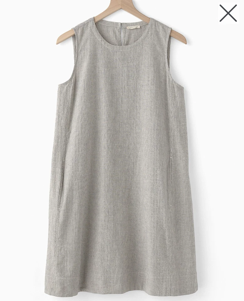 Vestido Clásico Pequeño M EILEEN FISHER Algodón Orgánico Lino Tictac Rayas Línea A Foto 2 de 4