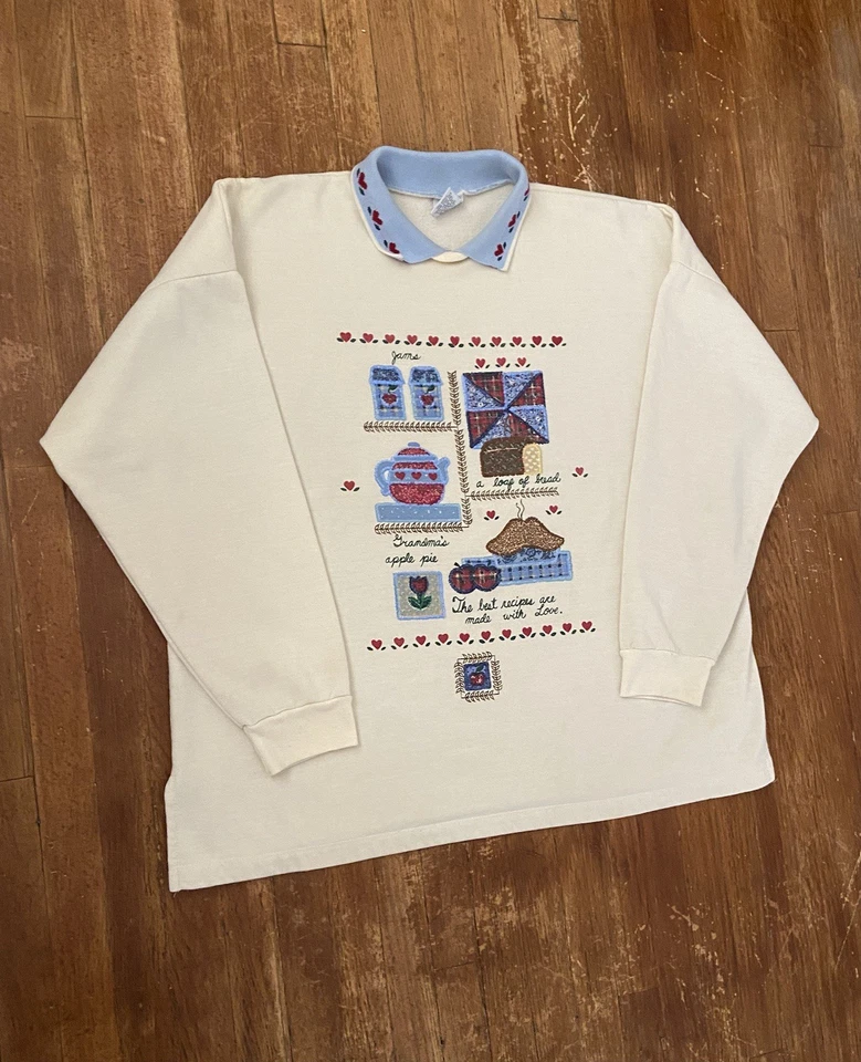 Vintage 90s Cottagecore Center Logo Graphic Collared Grandma Sweatshirt 2XL - Image 3 of 4