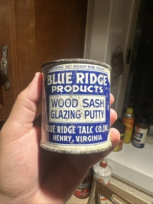VINTAGE BLUE RIDGE WOOD SASH PUTTY CAN ADVERTISING HENRY VIRGINIA OIL CAN