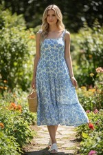 Haute Hippie Maxi Dress Boho Cottagecore Sundress Smocked Tiered Blue Floral L