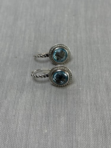 David Yurman  round Blue Topaz surrounded by diamonds, Cerise drop earrings - Picture 7 of 16