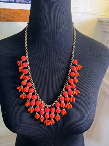 J. Crew Coral Orange Statement Bib Necklace Rhinestone Accents 26” Gold Tone