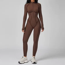 Women Long Sleeve Yoga Bodysuit Zipper Jumpsuit Gym One Piece Workout Tracksuit
