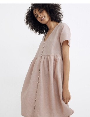 madewell pink linen dress NWT Madewell Linen-Blend V-Neck Button-Front Mini Dress Pink S