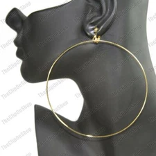 CLIP ON 4"big 10cm HOOPS thin metal GOLD FASHION EARRINGS large circle hoop clip