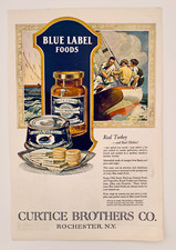 1920 Blue Label Food Ad: Orange Marmalade from Spain, Canned Turkey, Sailing