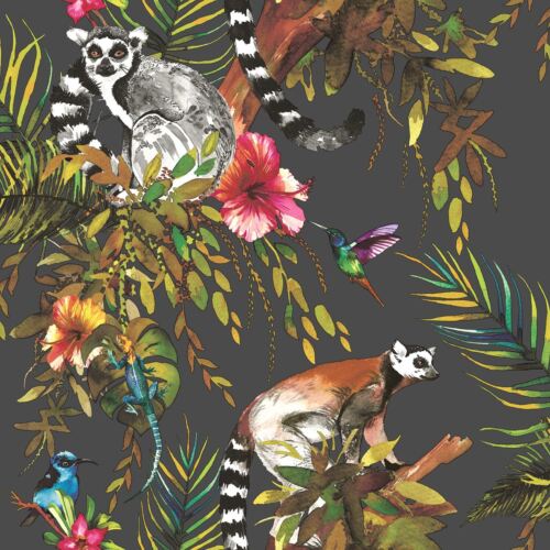 Exotic Lemur Jungle Flowers Leaves Hummingbirds Luxury Wallpaper - Black WOW015 - Afbeelding 1 van 6