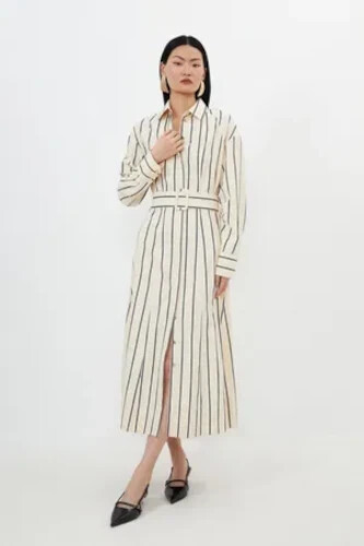 Karen Millen Cotton Stripe Belted Woven Shirt Dress Ivory – Size 12 - NEW - Picture 1 of 22