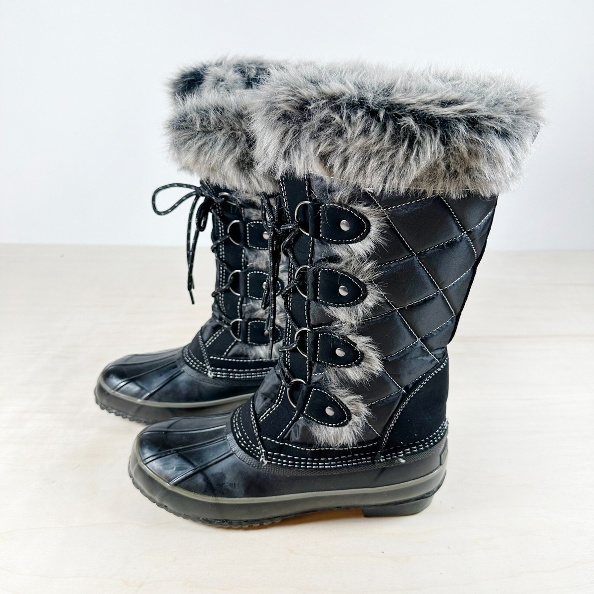 Khombu Jacey Tall Duck Boots Black Quilted Faux Fur Womens