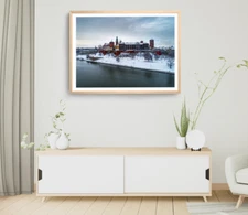 Winter Print, River Wall Art, Snow Coverd Aeria Framed Nature Wall Art, City