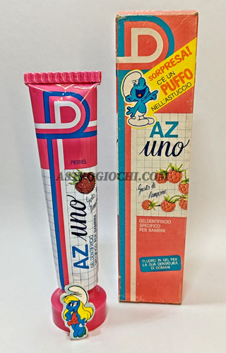 AZ UNO DENTIFRICIO LAMPONE PUFFI SMURF ORIGINALE VINTAGE 1984 NUOVO CON GADGET