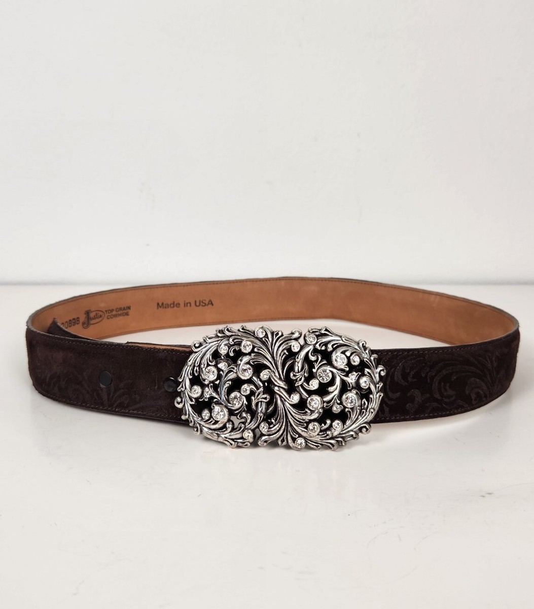 Justin Brown Embossed Leather Belt with Rhinestone Buckle Justin Ladies Brown Suede Embossed Leather Belt Rhinestone  main image 3