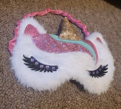 New Claire s Unicorn Plush Gold Rainbow Glitter Rhinestone Eyelashes mask sleep