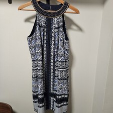 Vince Camuto Dress Blue Geometric Beaded Neck Slip Sheath Sun Tank Dress