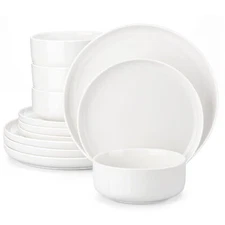 MALACASA 12-Piece Porcelain Bowl & Plate Set White Dinnerware Set Service for 4